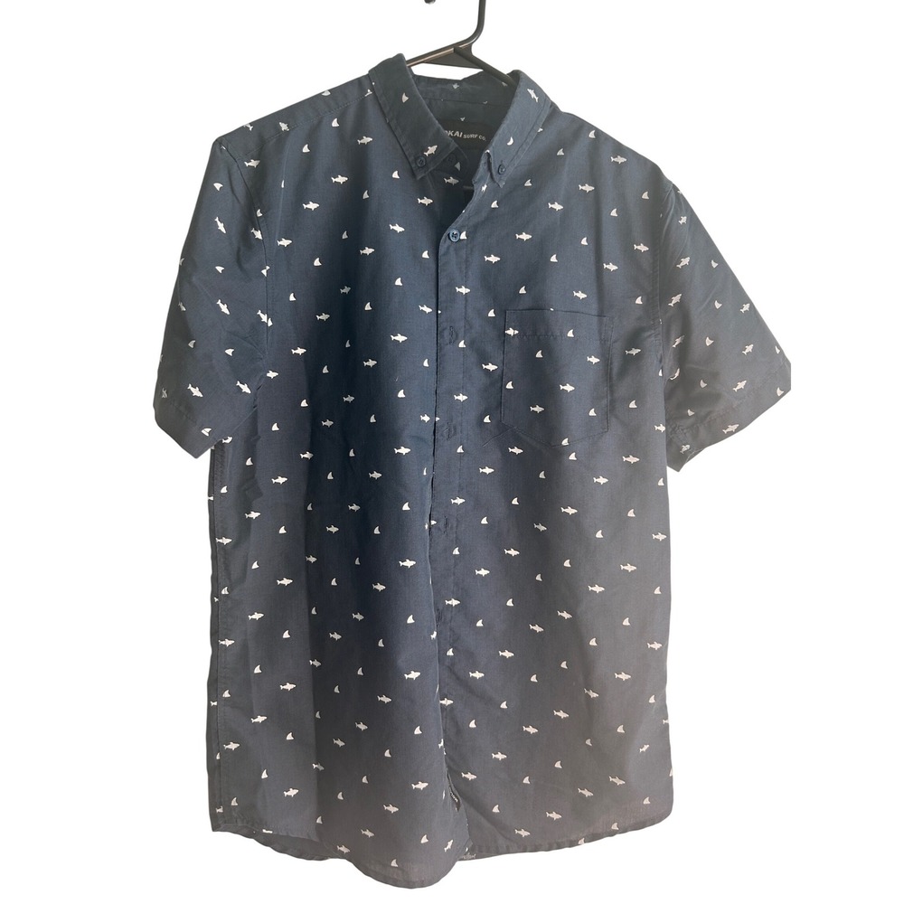 Molokai Surf Co Mens Shark Print Short Sleeve Button Down Shirt Navy Blue Size M